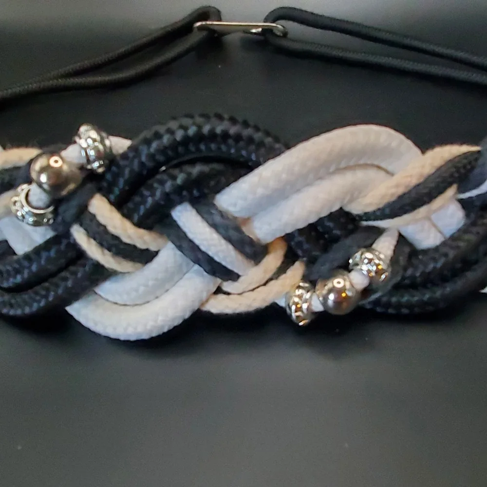 Retro 80's‎ Women's Belt Cumberbund Black Fabric Rope Twisted W/Silver Beads